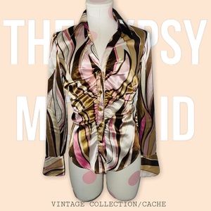 Cache Vintage 90s / Y2K Silk Collared Button Down Funky Retro Print Size Small